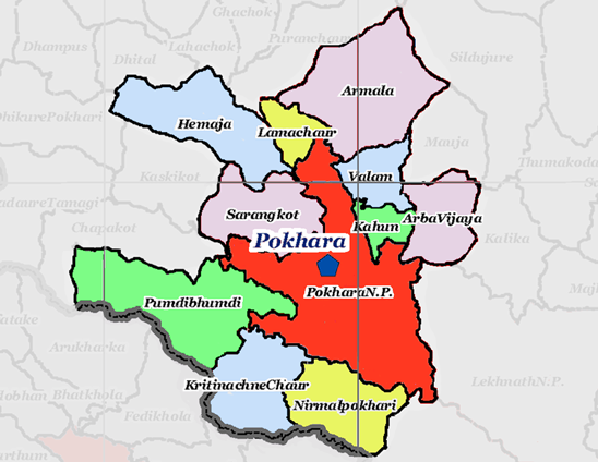 The 10 VDC's being added are shown here in paler colours surrounding the original Pokhara Municipality coloured in red