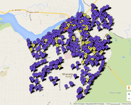 Purple markers show location of vaccinated dogs, yellow where the dog evaded our catching team, orange where vaccinated on the top-up day because the mark-resight showed coverage to be below 70% of calculated pop in that particular area