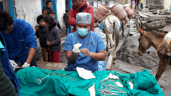 Working at the side of the Everest Base Camp trekking trail. The donkeys are carrying cooking gas cylinders and other supplies