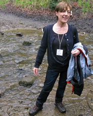 A rather damp Anne Clarke emerges from a stream crossing on the 2015 Pike Hike