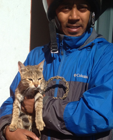  A concerned owner bringing his young cat into the Pokhara clinic for spaying