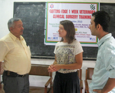 Dr Maiju Tamminen with [L] Professor Dhakal, Dean of AFU and [R] Dr Yugal Bindari, HART vet
