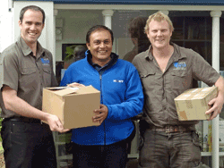 James Florence (L) and Luke Gamble (R) of the Worldwide Veterinary Service kindly presented Khageshwaar with a large quantity of vet materials